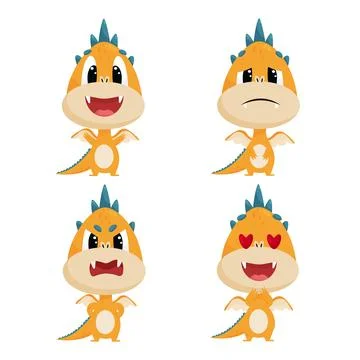 Set of dragons with different emotions, joy, sadness, love, anger Stock Illustration