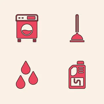 Set Drain cleaner bottle, Washer, Rubber plunger and Water drop icon. Vector Illustration