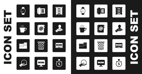 Set Drawer with documents, Address book, Coffee cup, Wrist watch, Hand for 스톡 일러스트