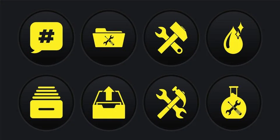 Set Drawer with documents, Clean water drop, Upload inbox, Crossed hammer a.. Ilustração Stock