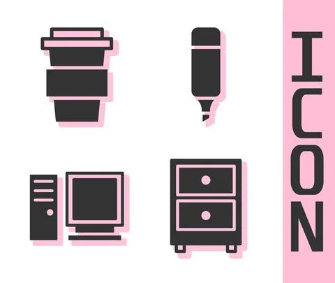 Set Drawer with documents, Coffee cup to go, Computer monitor and Marker pen Stock Illustration