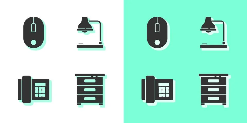 Set Drawer with documents, Computer mouse, Telephone and Table lamp icon. Vector Stock Illustration