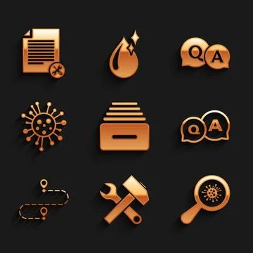 Set Drawer with documents, Crossed hammer and wrench, Microorganisms under .. Stock Illustration