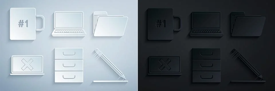 Set Drawer with documents, Document folder, Laptop and cross mark on screen 스톡 일러스트
