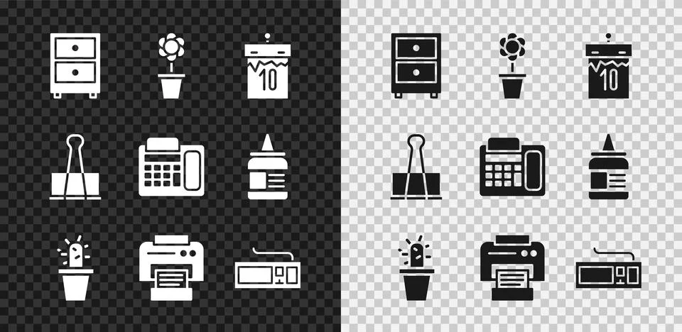 Set Drawer with documents, Flower in pot, Calendar, Cactus and succulent Stock Illustration