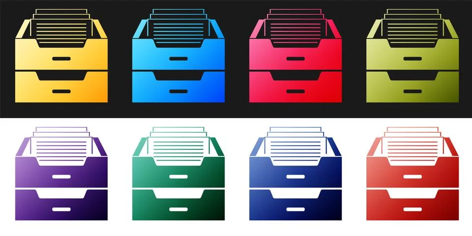 Set Drawer with documents icon isolated on black and white background. Archive Stock Illustration