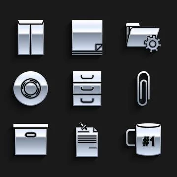 Set Drawer with documents, Note paper pinned pushbutton, Coffee cup flat, Paper Stock Illustration