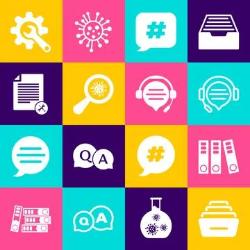 Set Drawer with documents, Office folders, Headphones speech bubble chat Stock Illustration