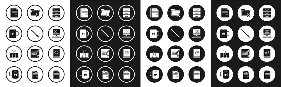 Set Drawer with documents, Pen line, Coffee cup, File, Computer keyboard and x Stock Illustration