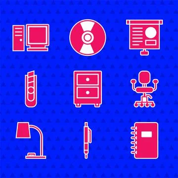 Set Drawer with documents, Pen, Spiral notebook, Office chair, Table lamp Stock Illustration