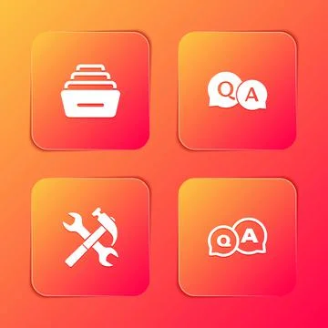 Set Drawer with documents, Question and Answer, Crossed hammer wrench and icon Stock Illustration