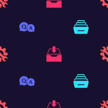 Set Drawer with documents, Question and Answer, Download inbox and Wrench gear Stock Illustration