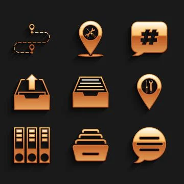 Set Drawer with documents, Speech bubble chat, Location service, Office folders Stock Illustration