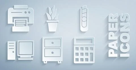Set Drawer with documents, Stationery knife, Computer monitor, Calculator, .. Stock Illustration