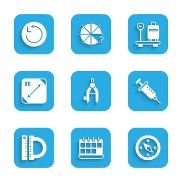Set Drawing compass, Calendar, Compass, Syringe, Protractor and ruler, Diag.. Stock Illustration