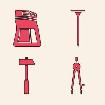 Set Drawing compass, Cement bag, Metallic nail and Hammer icon. Vector 스톡 일러스트
