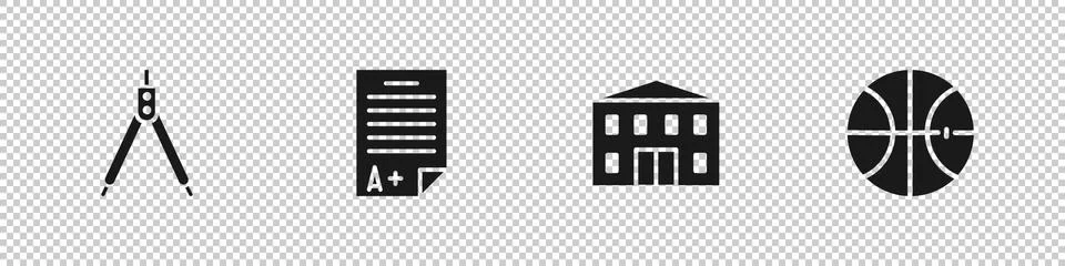 Set Drawing compass, Exam sheet with A plus grade, School building and Ilustración de archivo