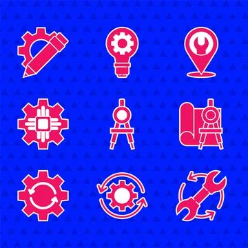Set Drawing compass, Gear and arrows workflow, Wrench, Graphing paper, Processor Illustrazione stock