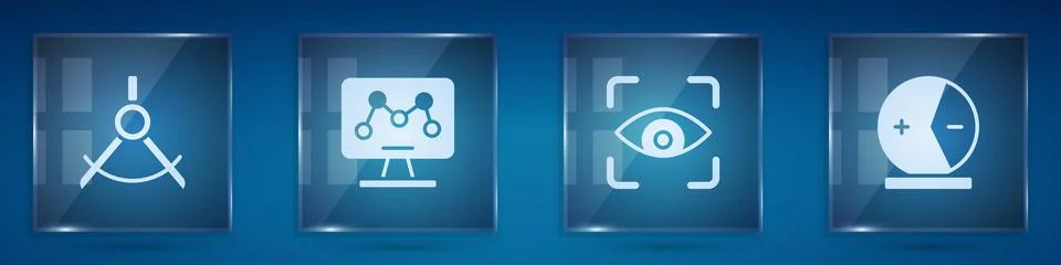 Set Drawing compass, Genetic engineering, Eye scan and Atom. Square glass p.. Stock Illustration