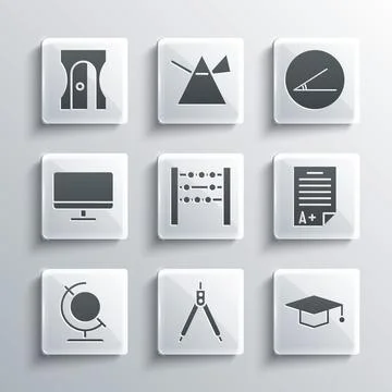 Set Drawing compass, Graduation cap, Exam sheet with A plus grade, Abacus, Earth Stock Illustration