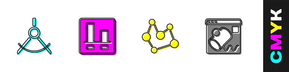 Set Drawing compass, Graph chart infographic, Chemical formula and Data Stock Illustration