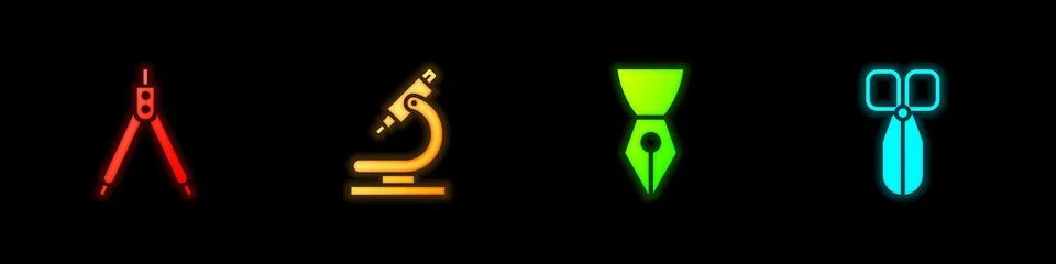 Set Drawing compass, Microscope, Fountain pen nib and Scissors icon. Vector Stock Illustration