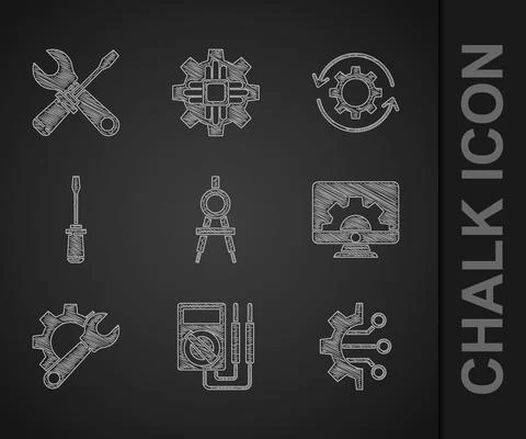 Set Drawing compass, Multimeter, Algorithm, Computer monitor and gear, Wrench Stock Illustration