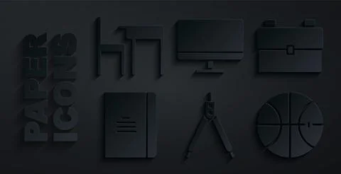 Set Drawing compass, School backpack, Spiral notebook, Basketball ball, Computer Stock-Illustration