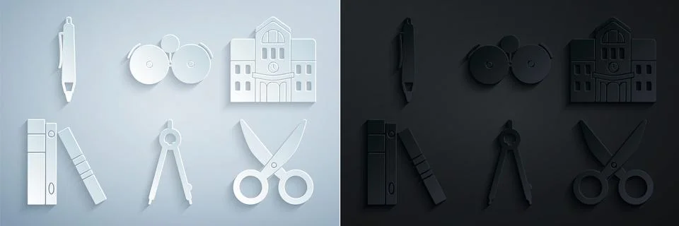 Set Drawing compass, School building, Office folders with papers and documents Ilustración de archivo