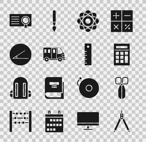 Set Drawing compass, Scissors, Calculator, Atom, School Bus, Acute angle, Cer Illustrazione stock