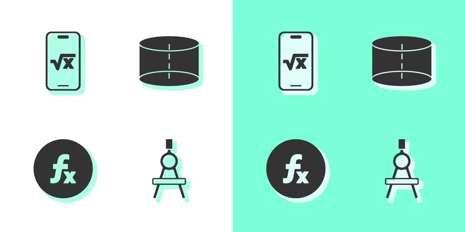 Set Drawing compass, Square root of x glyph, Function mathematical symbol a.. Stock Illustration