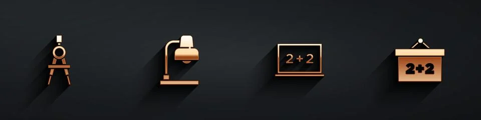 Set Drawing compass, Table lamp, Chalkboard and icon with long shadow. Vector Stock Illustration