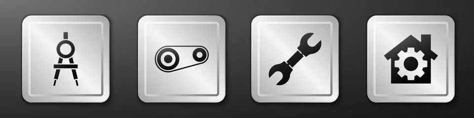 Set Drawing compass, Timing belt kit, Wrench spanner and House with gear icon Stock Illustration