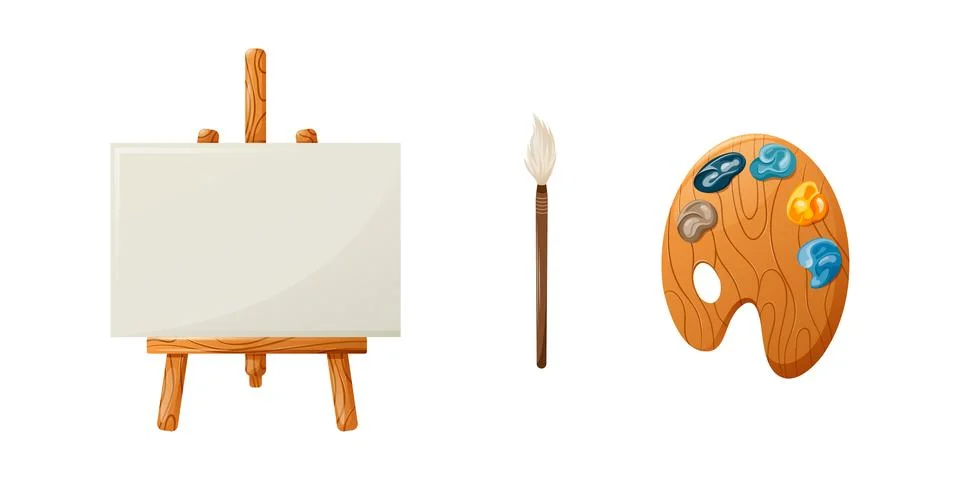 Set for drawing, creativity. Easel, brush, colorful paints. Vector illustration Stock Illustration