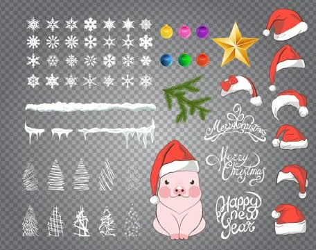 Set drawing of snow, hanging icicles with set of 7 red caps with white pom-po Stock Illustration