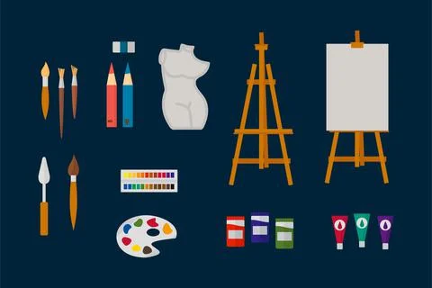 A set of drawing tools. Accessories for artists, watercolor, easel, palette. A Stock Illustration