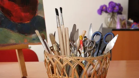 A set of drawing tools in the basket Stock Footage 113462931
