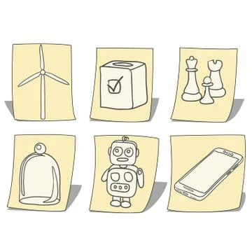 Set of drawings in children style on sheets of paper isolated on white Stock Illustration