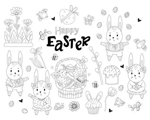 Set of drawings Happy Easter. Cute bunnies girls and boys with Easter eggs in Illustrazione stock