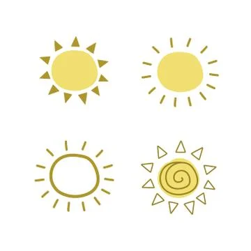 A set of drawings of yellow suns. Vector illustration by hand. Weather symbol Stock Illustration