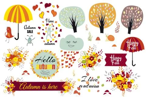 A set of drawn autumn elements, vector illustration Illustrazione stock