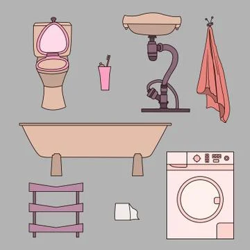 Set of drawn doodles of bathroom items Stock Illustration
