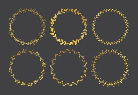 Set of drawn frames. Floral decorative gold round frames Stock Illustration