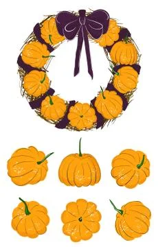 Set of drawn by hand pumpkins in different positions: side, top, straight. Round Stock Illustration