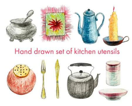 Set of drawn kitchenware. Kitchen background. Hand drawn pencil illustration 스톡 일러스트