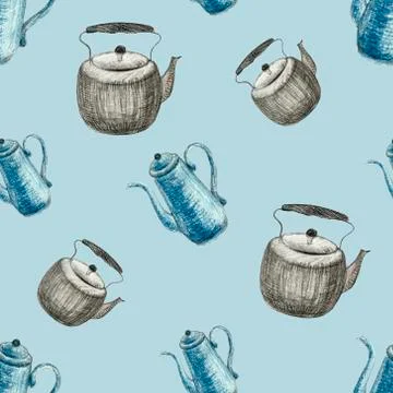 Set of drawn kitchenware. Kitchen background. Hand drawn pencil illustration Stock Illustration