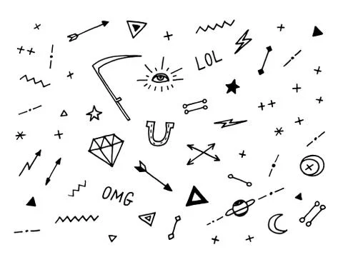 Set of drawn old school tattoo elements. Black and white Stock Illustration