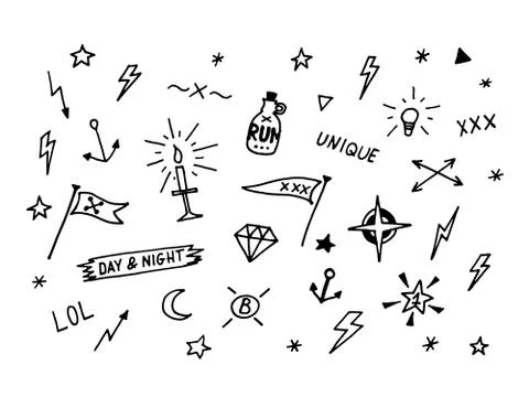 Set of drawn old school tattoo elements. Black and white 스톡 일러스트