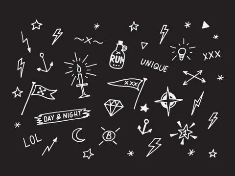 Set of drawn old school tattoo elements. Black and white 스톡 일러스트