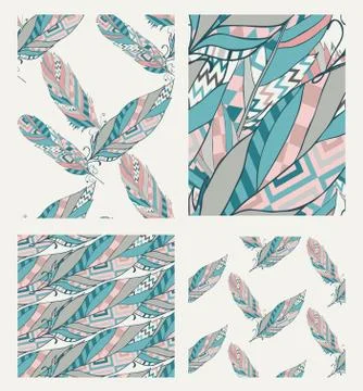 Set of Drawn Patterns with Tribal Feathers Stock Illustration